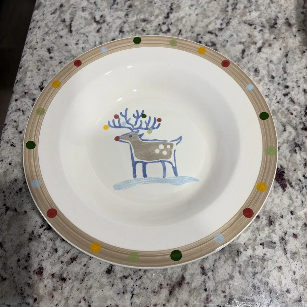 4 HOME Italy Ceramic Holiday Reindeer Bowls Christmas Polka Dot Rimmed SoupPasta